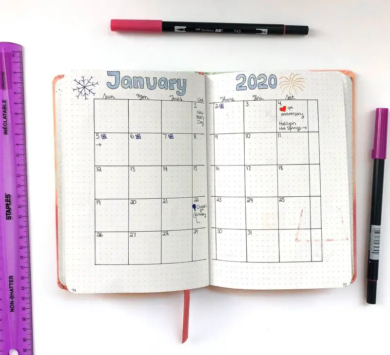 January 2020 bullet journal monthly layout
