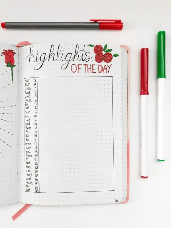 Bullet journal highlights of the day page: daily gratitude