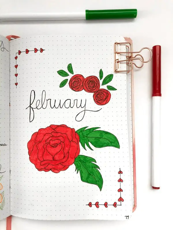 February bullet journal cover page with roses