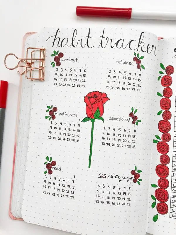Bullet journal habit tracker: red roses theme