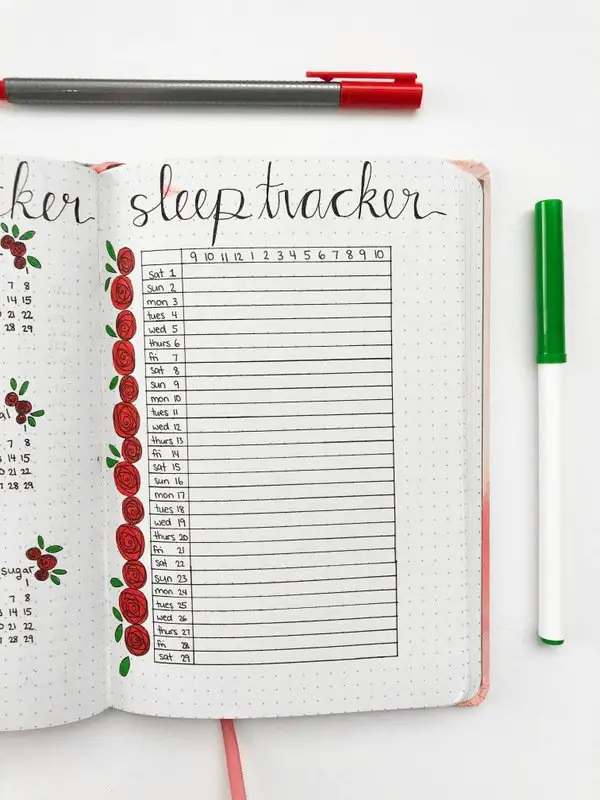Bullet journal sleep tracker: red roses theme