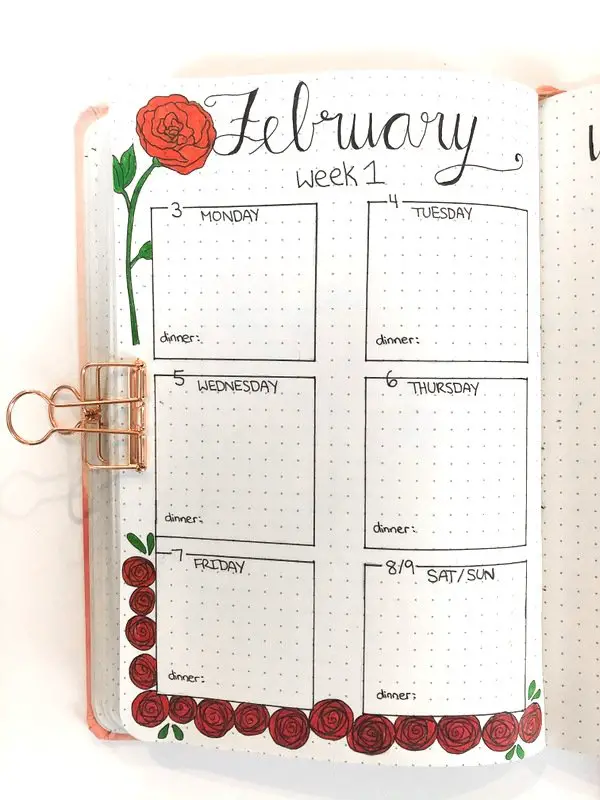 Bullet journal weekly layout: rose theme