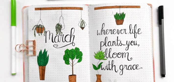 March Bullet Journal Layout with a houseplant theme