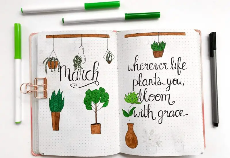 March Bullet Journal Layout with a houseplant theme