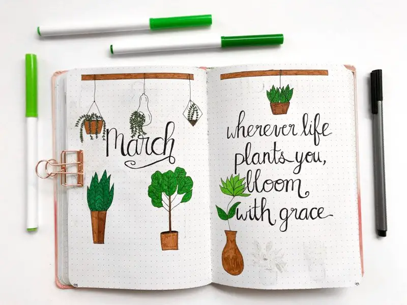 March Bullet Journal Layout with a houseplant theme