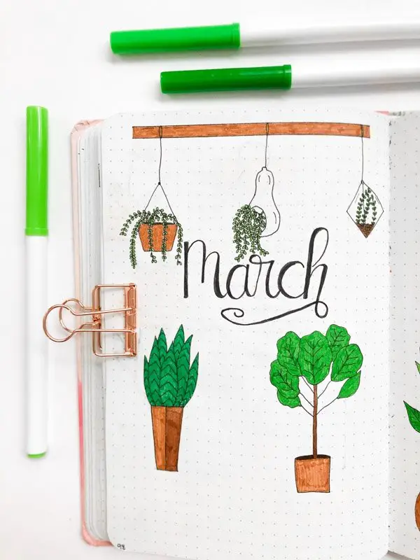 March Bullet Journal Cover Page with a houseplant theme