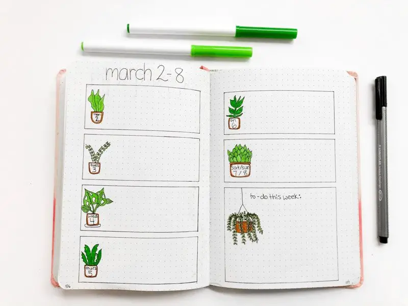 March bullet journal weekly spread