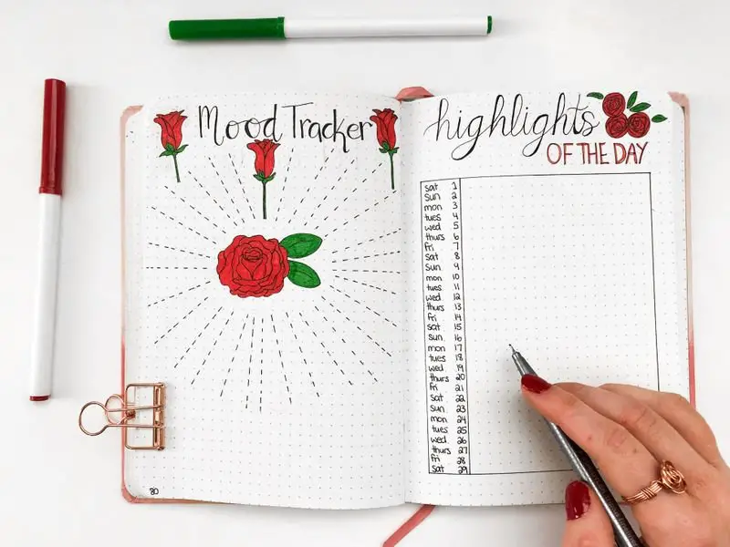 Monthly bullet journal mood tracker and highlights of the day spread