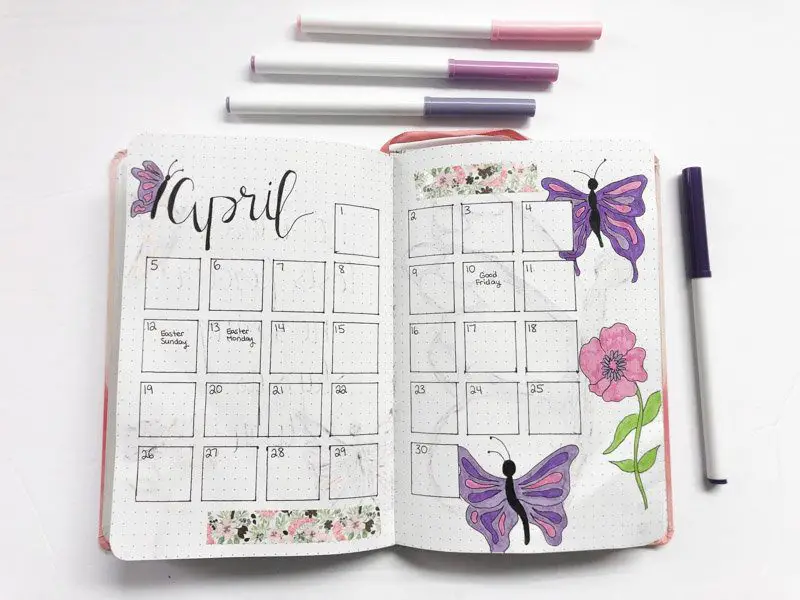 April bullet journal monthly calendar