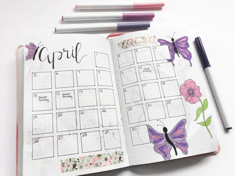 April bullet journal monthly calendar