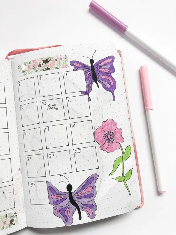 April bullet journal monthly calendar