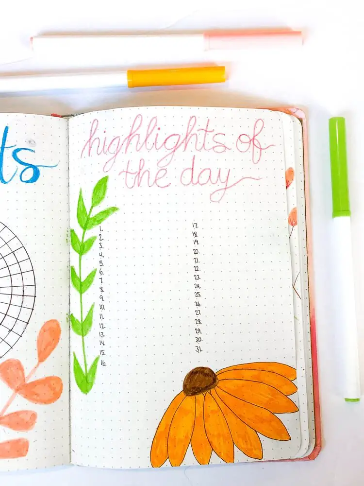 Bullet journal monthly highlights of the day page