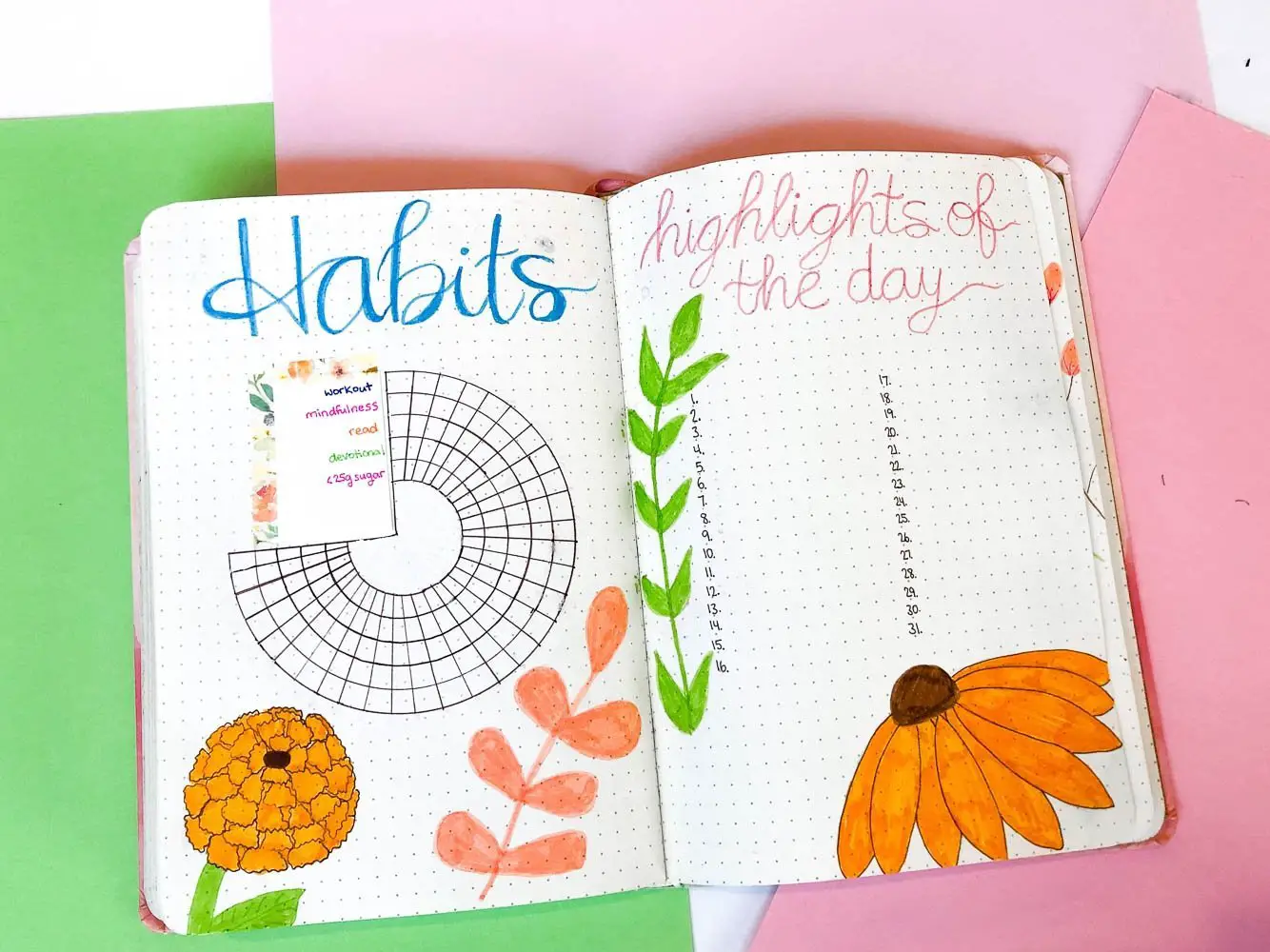 Bullet journal habit tracker and highlights of the day page