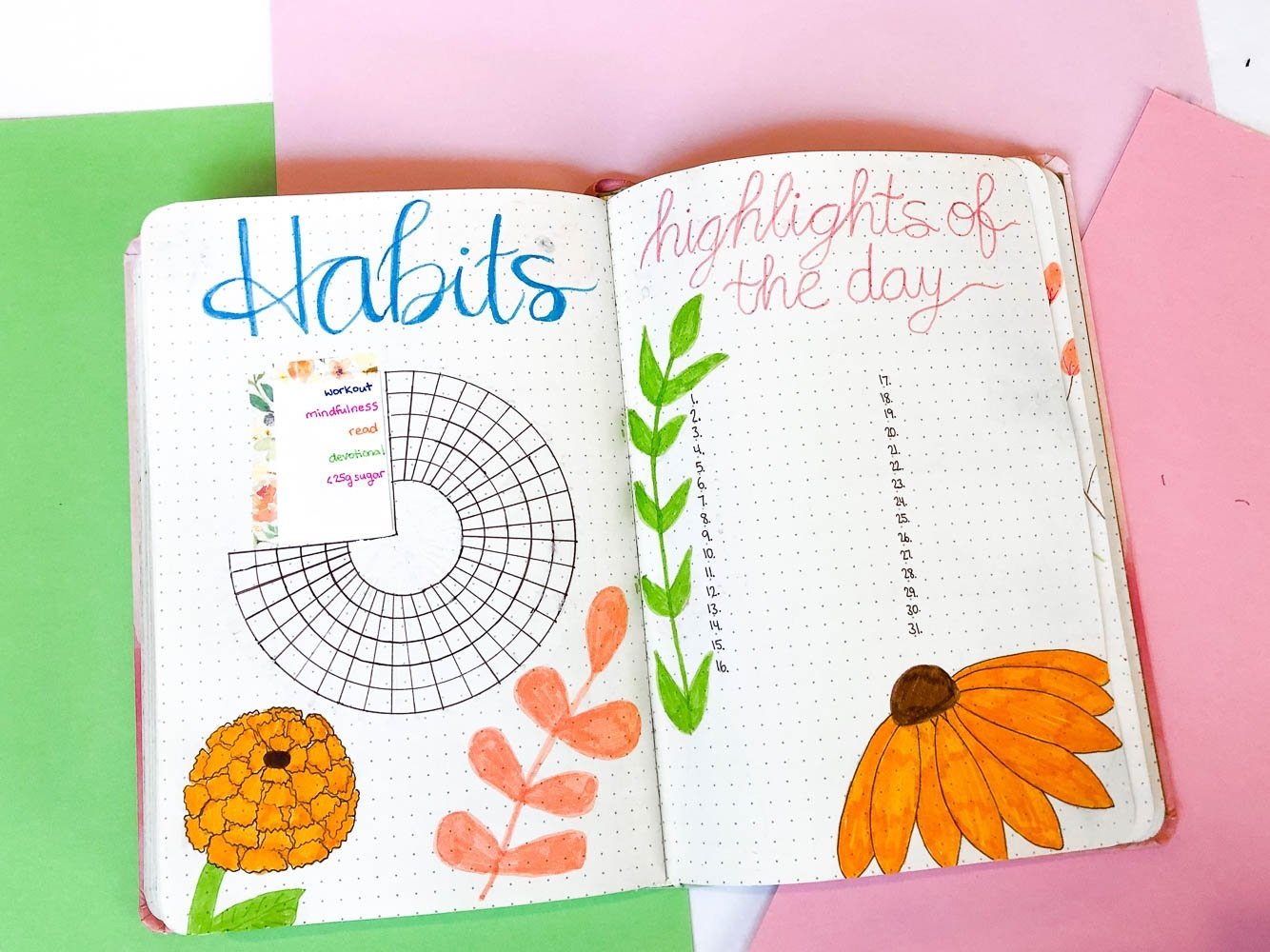 Bullet journal habit tracker and highlights of the day page