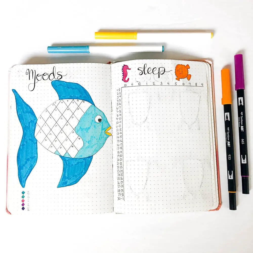 Bullet journal mood tracker and sleep tracker with an under the sea theme