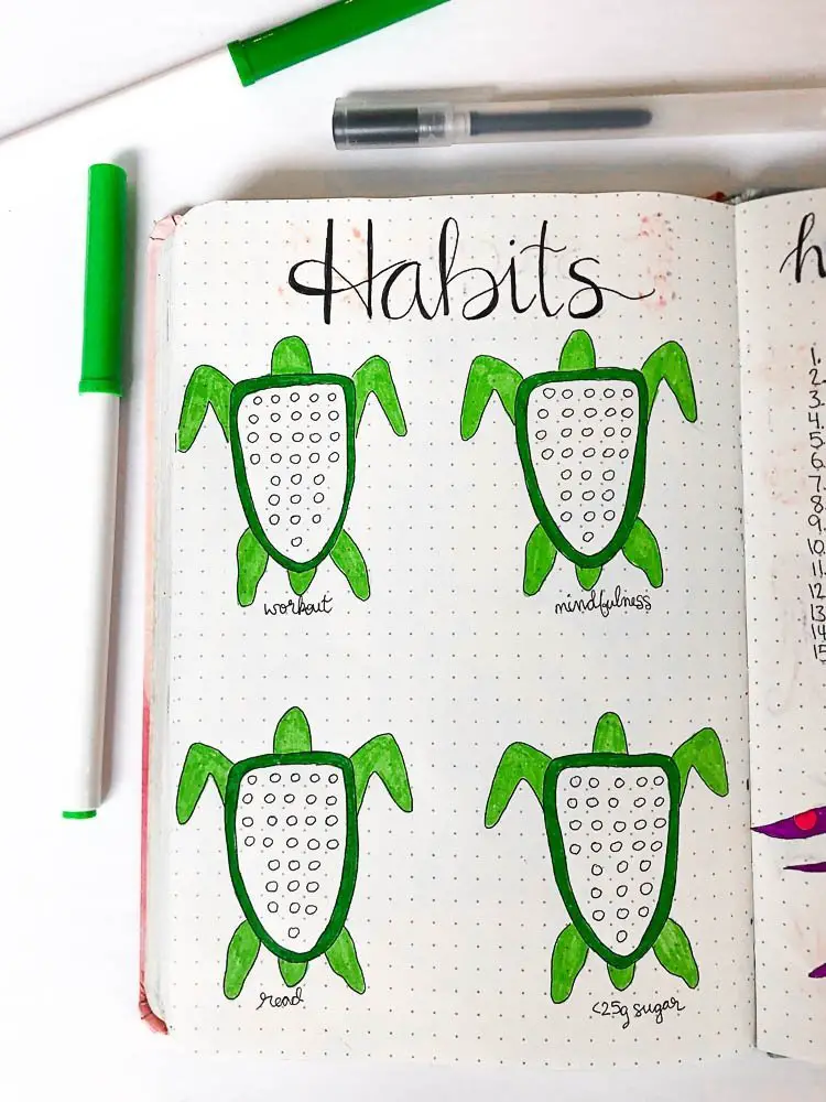 Bullet Journal Monthly Habit Tracker with sea turtles