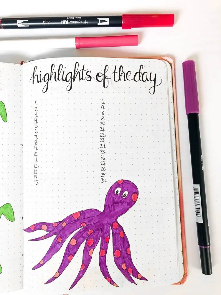 Bullet journal highlights of the day page