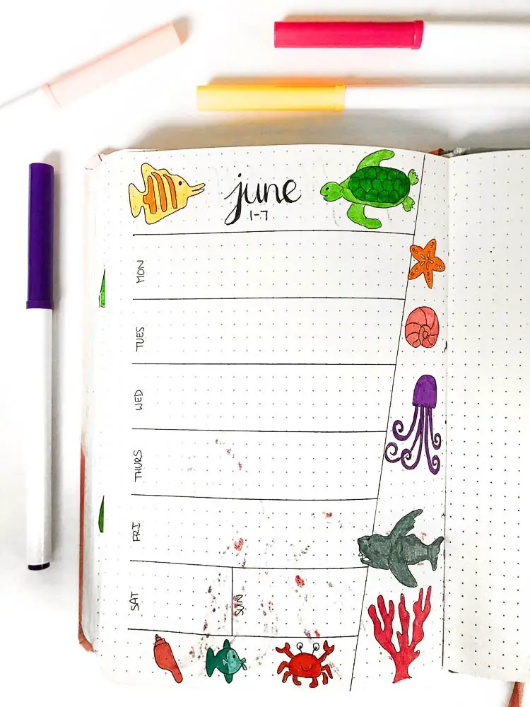 Bullet journal weekly layout with an ocean theme