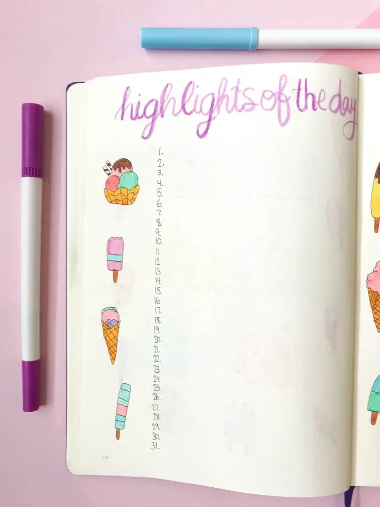 Bullet journal monthly highlights of the day page