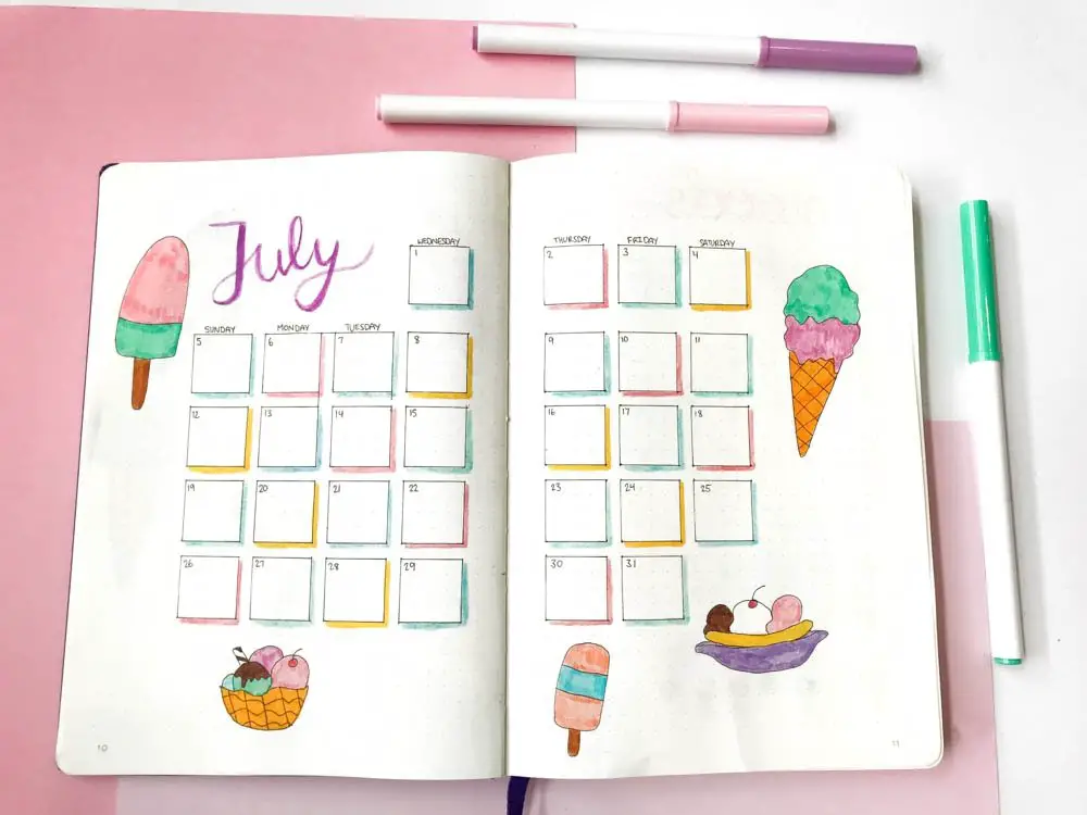 Bullet Journal July Calendar Ice Cream Theme