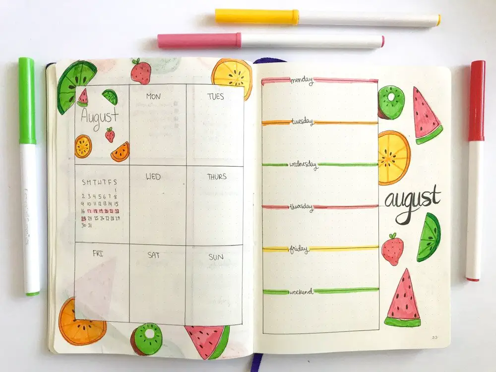 august bullet journal weekly layouts