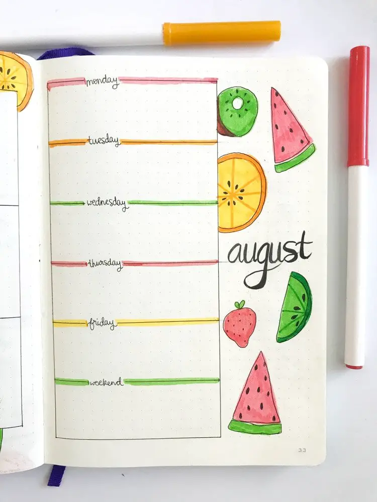 august bullet journal weekly layouts