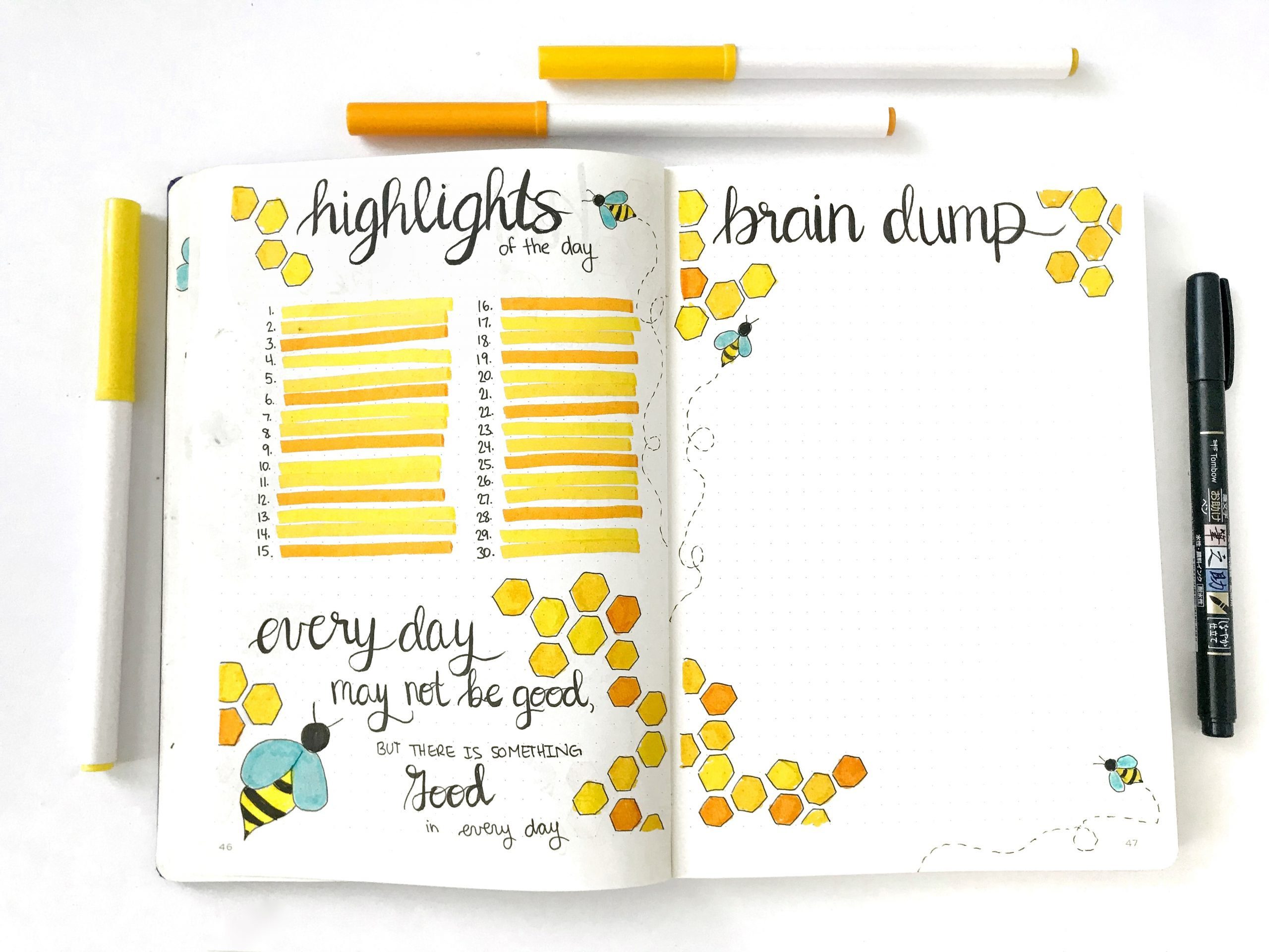 bullet journal monthly highlights of the day page and brain dump page