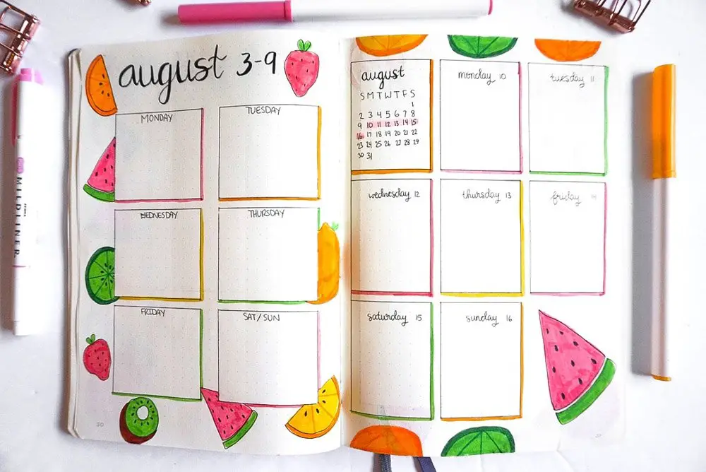 august bullet journal weekly layouts