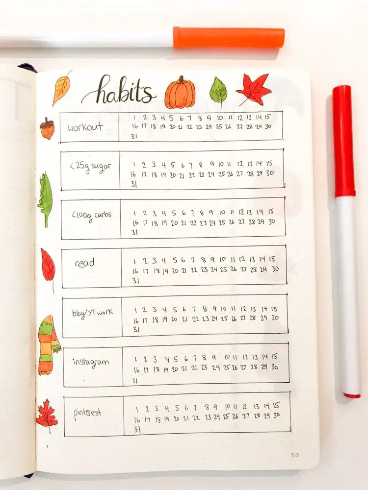 bullet journal fall themed habit tracker