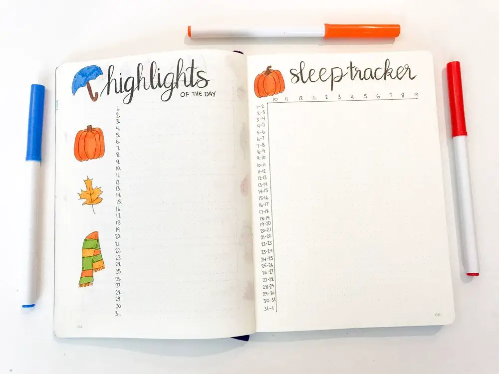 bullet journal highlights of the day and sleep tracker pages