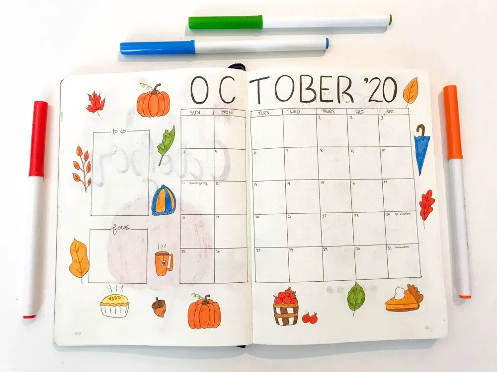 October bullet journal monthly calendar