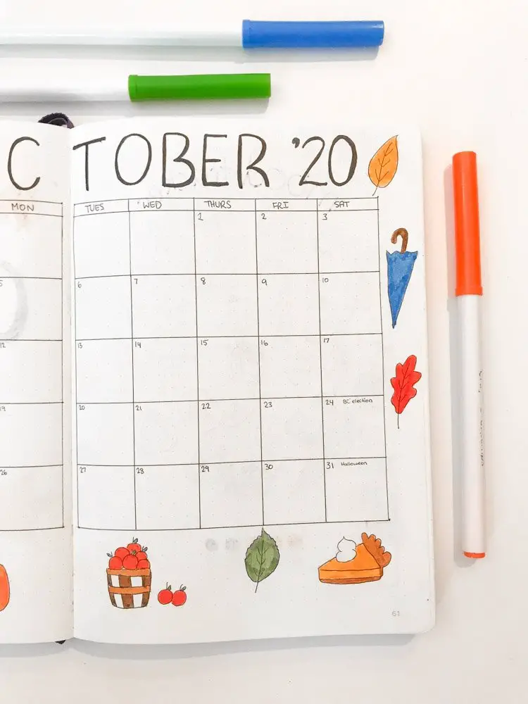 October bullet journal monthly calendar