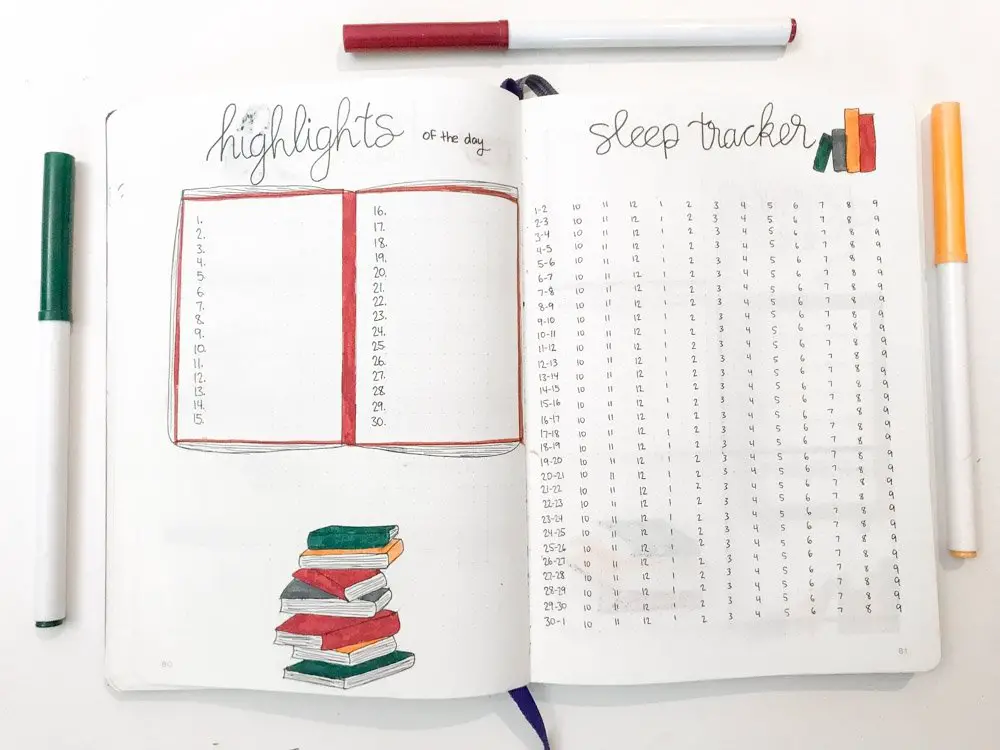 bullet journal highlights of the day and sleep tracker