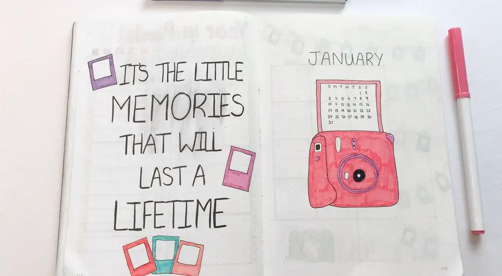 january bullet journal cover page spread with polaroid pictures