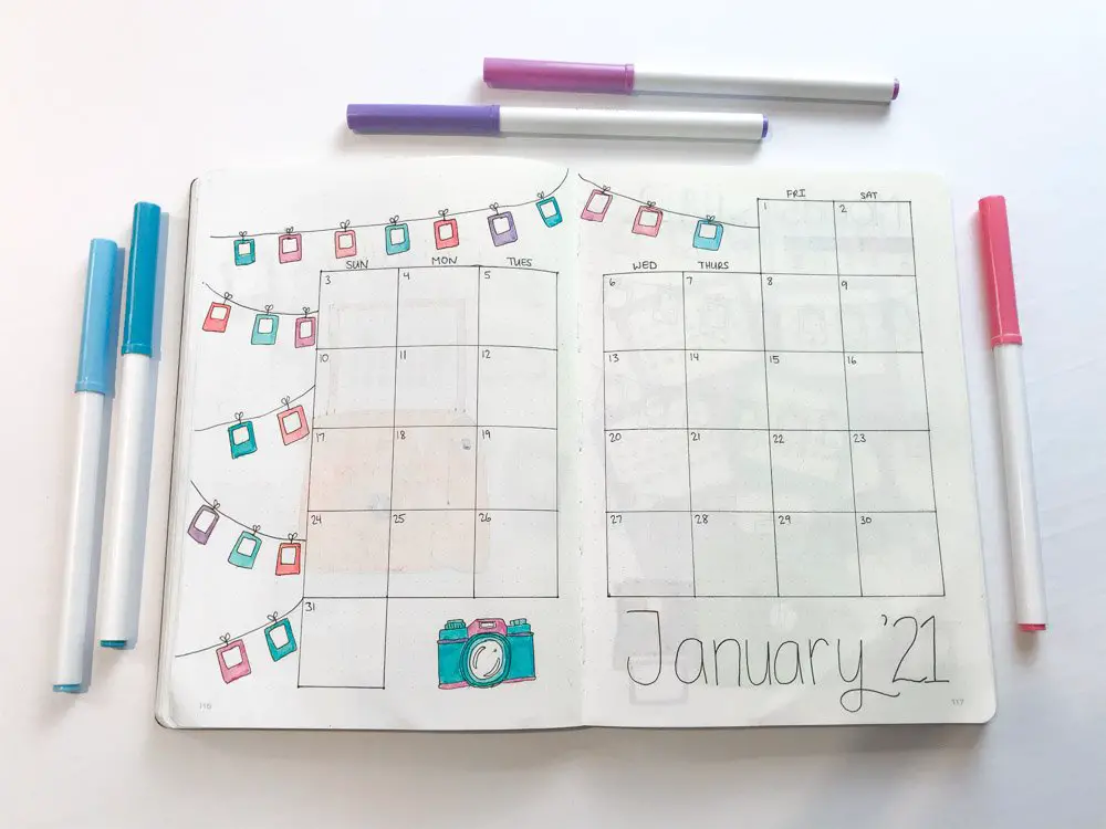 january bullet journal calendar polaroid camera theme