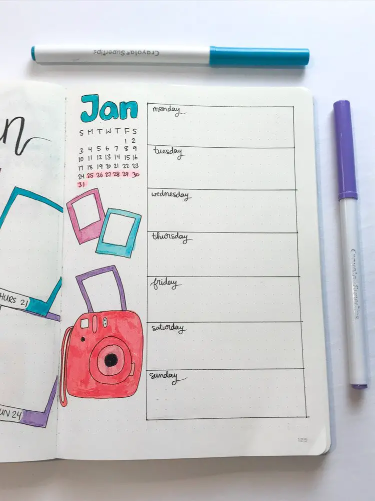 january bullet journal weekly spread