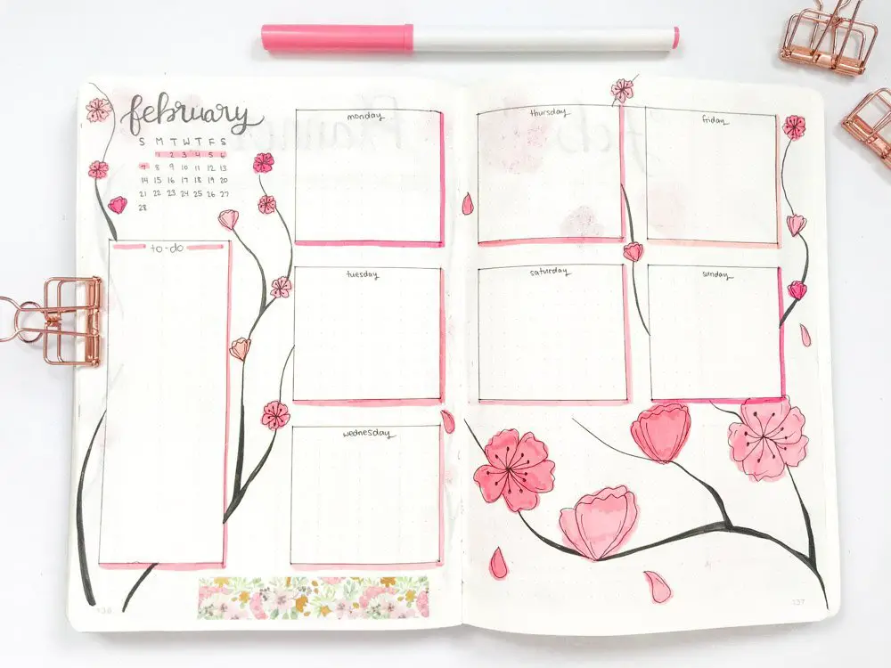 february bullet journal weekly layout