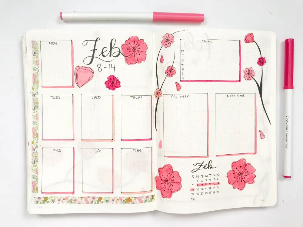 february bullet journal weekly layout