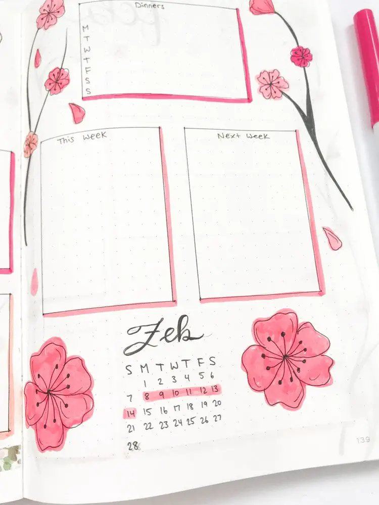 february bullet journal weekly layout