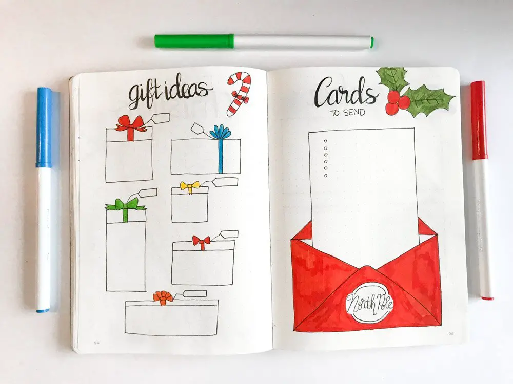 bullet journal spread: gift ideas and cards to send