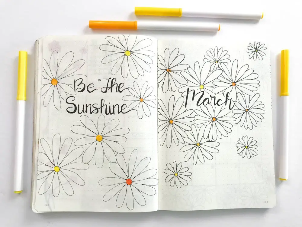 Daisy Themed Bullet Journal quote page (be the sunshine) and cover page