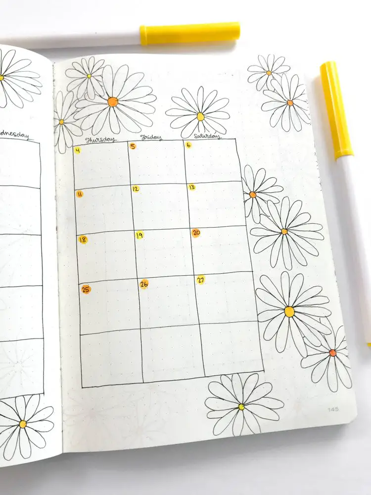 Daisy Theme March bullet journal calendar