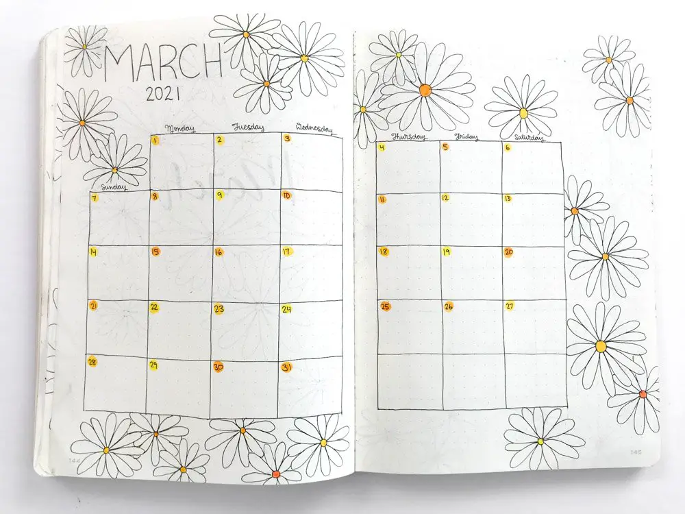 Daisy Theme March bullet journal calendar