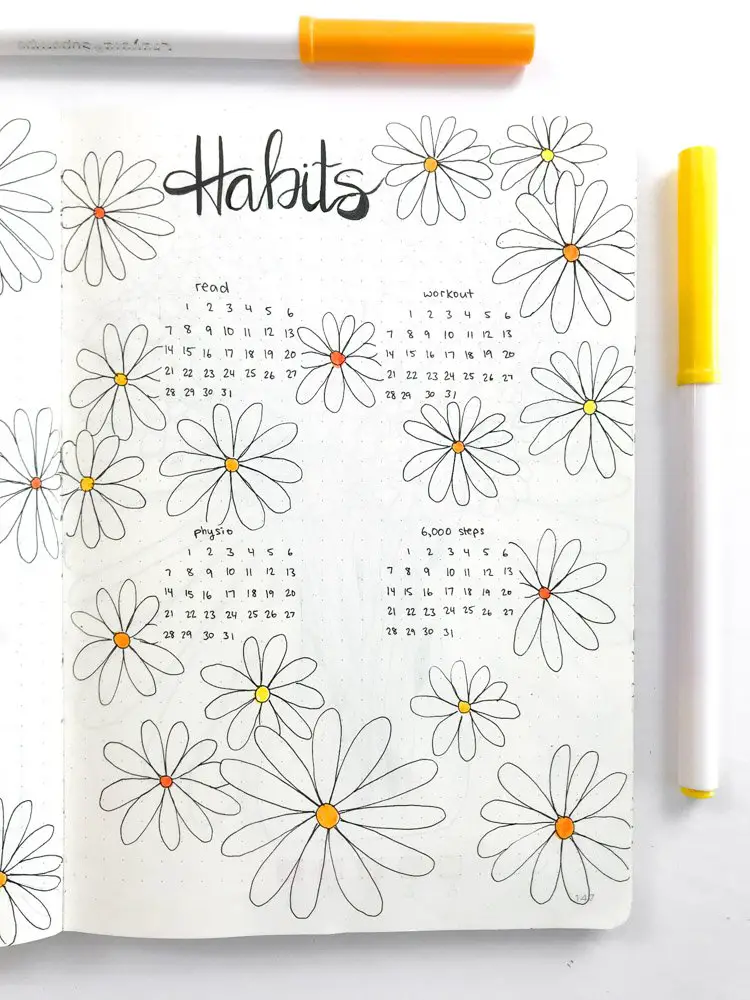 Daisy Theme Bullet Journal monthly habit tracker