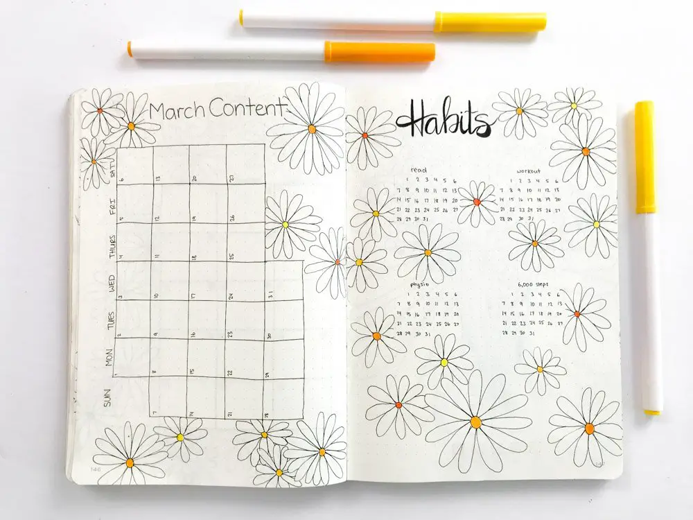bullet journal daisy theme content calendar and habit tracker spread