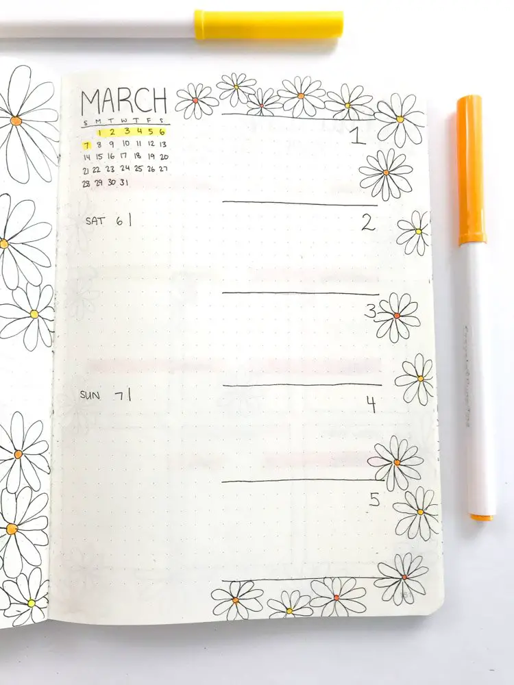 daisy theme bullet journal weekly spread
