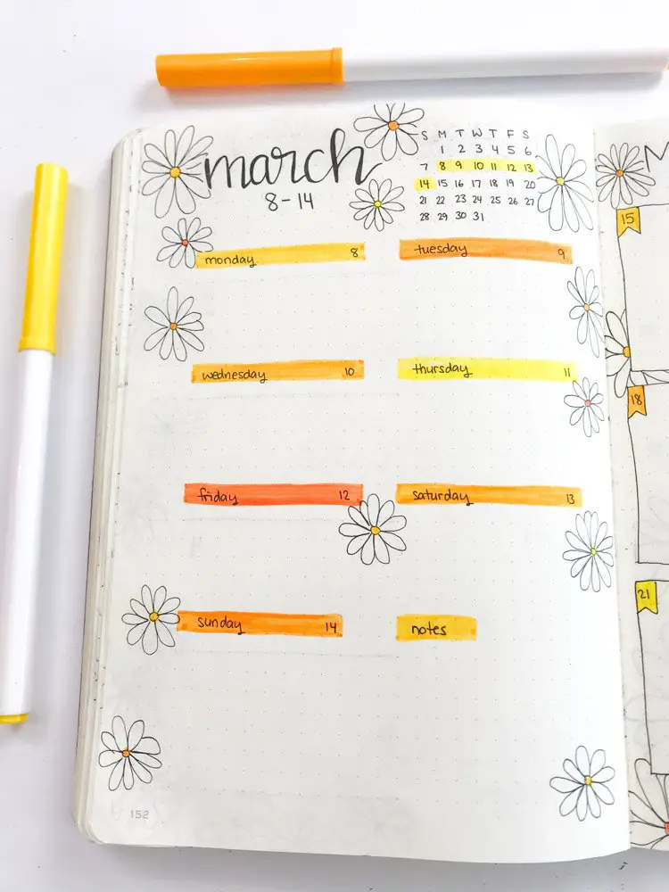 daisy theme bullet journal weekly spread