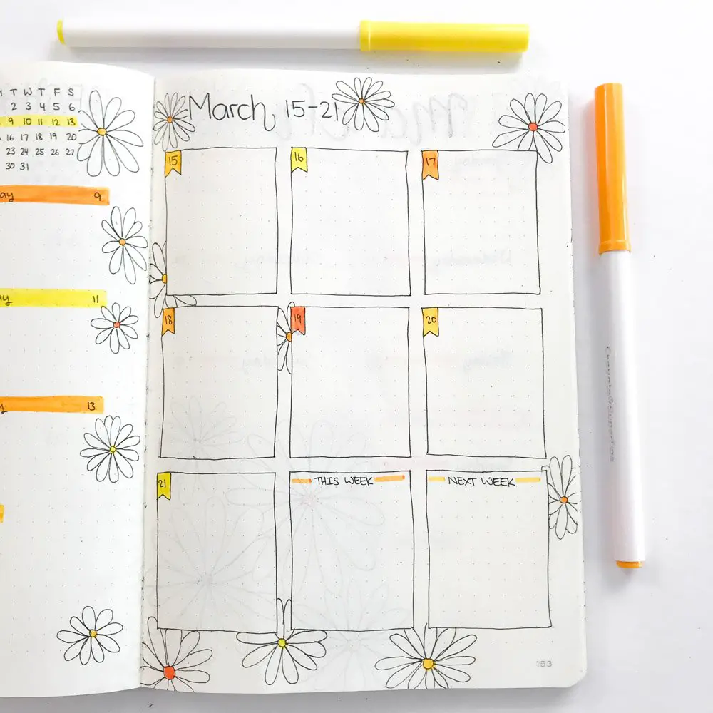 daisy theme bullet journal weekly spread