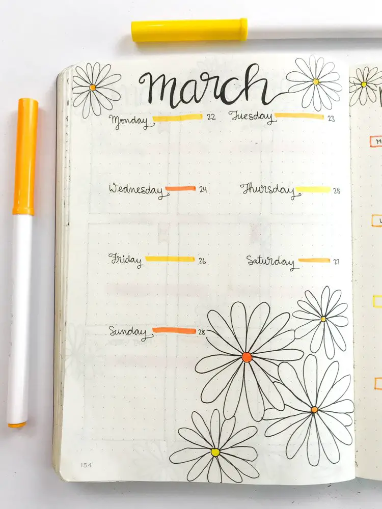 daisy theme bullet journal weekly spread