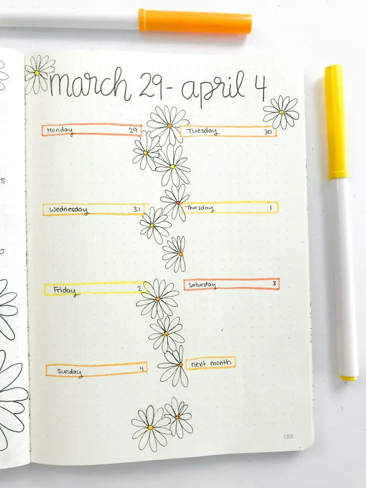 daisy theme bullet journal weekly spread